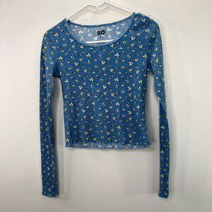 SO Waffle Knit Thermal Cropped Shirt S Blue Floral Long Sleeve
